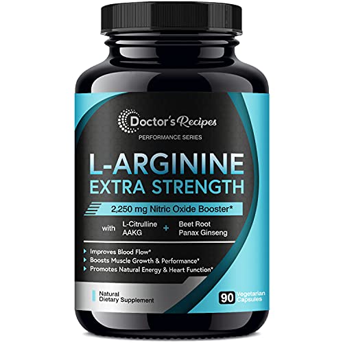 Doctorâ€™s Recipes L-Arginine for Men & Women 90 Caps, AAKG, L-Citrulline, Beet Root & Panax Ginseng, 2250 mg High Dose NO Booster for Muscle, Vascularity, Performance, Energy & Heart Health, Non-GMO