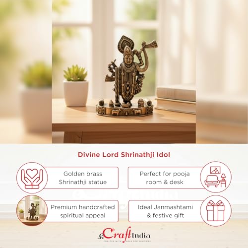 Image of eCraftIndia Golden Brass Lord Shrinathji Idol for Home Living Room Office