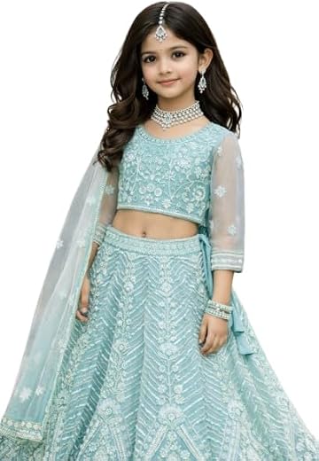 TAILORX Girls Net Lehenga Choli with Heavy Beads and Pearl Moti Embroidery Work, Designer Lehenga Set with Unstitched Blou...