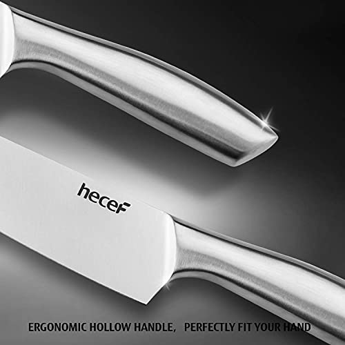 Hecef Silver Kitchen Knife Set Of 5, Satin Finish Blade With Hollow Handle, Includes 8" Chef, 8" Bread, 8" Santoku, 5" Utility And 3.5" Paring Knife #TOP5
