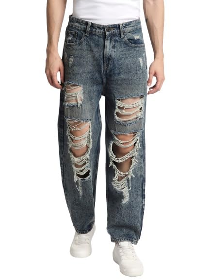 Image of BENE KLEED Men's Distressed Cotton Jeans | Classic Style | Full Sleeves | Baggy Fit |