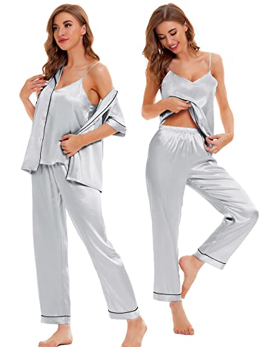 Image of SWOMOG Womens Silk Satin Pajamas Sets 4pcs Sleepwear Sexy Cami Shorts Set and Button Down Short Sleeve Pjs Loungewear