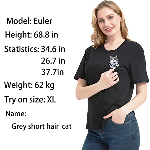 Mens Pocket Cat T Shirt Funny Printed Peeking Pet Kitten Animal Tee for Guys Gift (Black-K4, M)