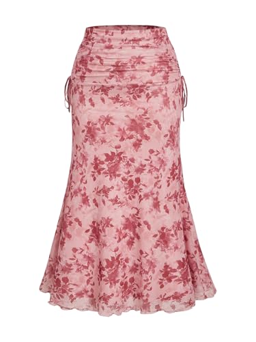 Verdusa Women's Plus Size Floral Maxi Skirt Fishtail Ruched Wrap Bodycon Skirts Pink 4X-Large Plus