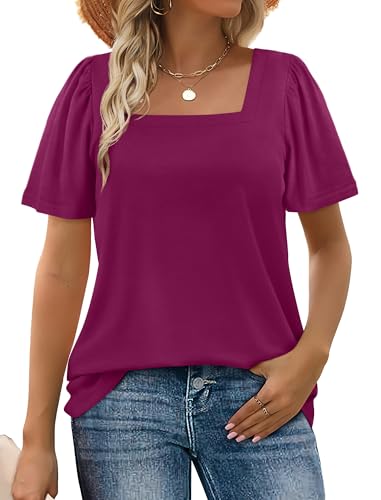 WIHOLL Square Neck Tops for Women Short Sleeve Summer Tops Loose Fit Beach Fashion Business Casual Outfits for Women 2026 Purple XL