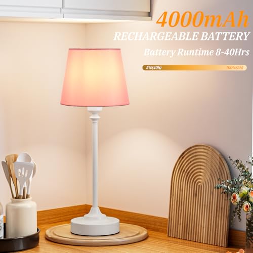 Image of Cordless Table Lamps Rechargeable Set - 2 Pack White 4000mAH Battery Operated Lamps for Decor, 3000K Stepless Dimming Touch Control Wireless Lamps for Bedroom, Dining Table, Living Room, Pink Shade