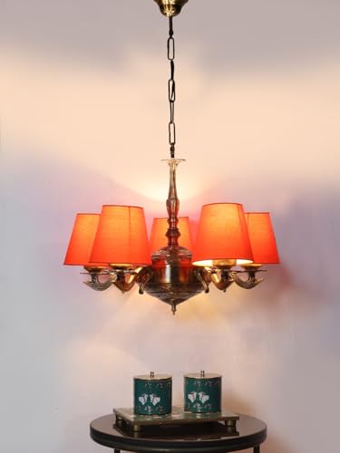 Image of Devansh 05 Lights Orange conical Cotton Shade with Antique Golden Chandelier