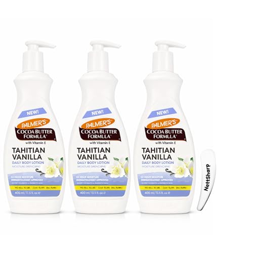 Palmer’s Cocoa Butter Formula Tahitian Vanilla Body Lotion 400ml Pack of 3 with Cosmetic Spatula, Vitamin E and Shea Butter Daily Moisturiser for Dry Skin, Pump Bottles