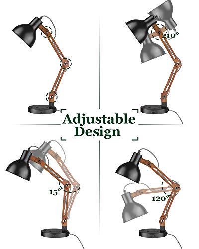 ELYONA Swing Arm Desk Lamp, Wood Table Lamp with Wireless Charging & 2 USB Ports, Adjustable Office Lamp, Black Modern Reading Lights for College Dorm, Study, Living Room, Bedroom