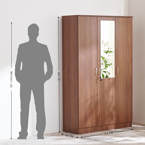 Image of Home Centre | Helios Alton 3-Door Wardrobe with Mirror | Full Length Mirror for Home | Engineered Wood | Walnut | 1 Year Warranty