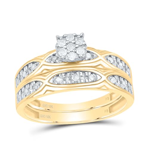Jewels By Lux 10k Yellow White Gold His & Hers 1/3 Cttw Natural Diamond Round Bridal Wedding Ring Band Set, Women Size: 5-9, Men Size: 8-122
