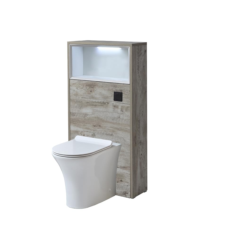Milano Light Oak Unit / Black Flush Bexley 600Mm Light Oak Bathroom Wc Unit Led Lit Shelf Toilet