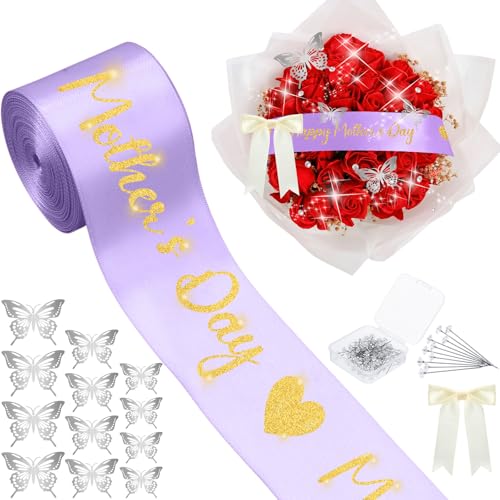 Zeyune 114 Pcs Mothers Day Ribbon and Flower Bouquet Accessories Includes 2 in x 5 Yard Glitter Happy Mothers Day Satin Ribbon Silver Butterflies Bow & Rhinestone Pins for Gift Wrapping Birthday