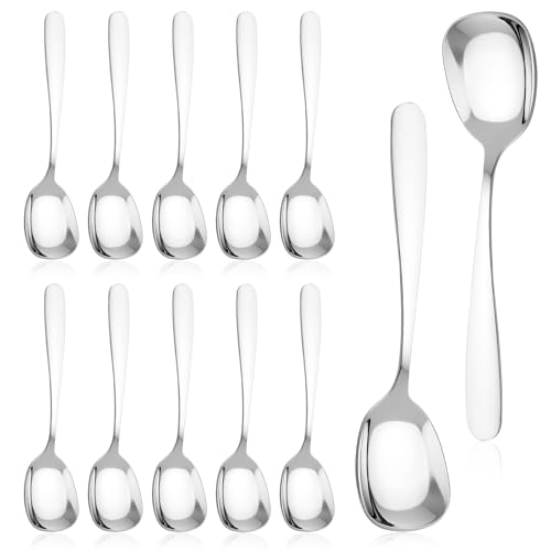 12 Pieces Square Head Soup Spoons, Heavy Weight Stainless Steel Serving Spoons Premium Korean Spoon for Restaurant Buffet Dessert Coffee Ice Cream, Easy Grip Handle (7.3 Inch)​​