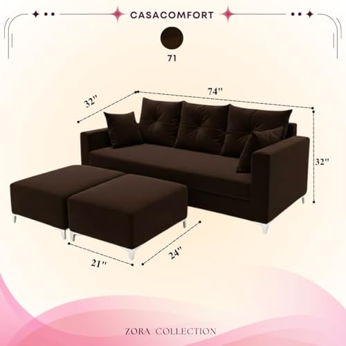 Image of Zora 5 Seater L Shape Sofa Set with 2 Movable Ottomans | Flexible Layout | Rich Velvet Suede Fabric | Silver Legs | Spacious Seating | Modern Sofa for Living Room (Dark Brown)
