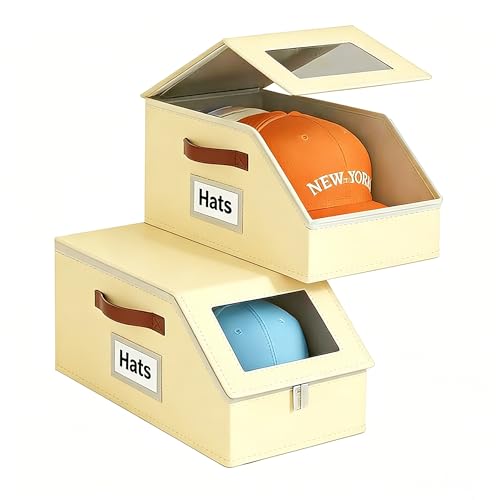 2PCS Hat Box, Hat Organizer for Baseball Caps, Foldable Stackable Beige