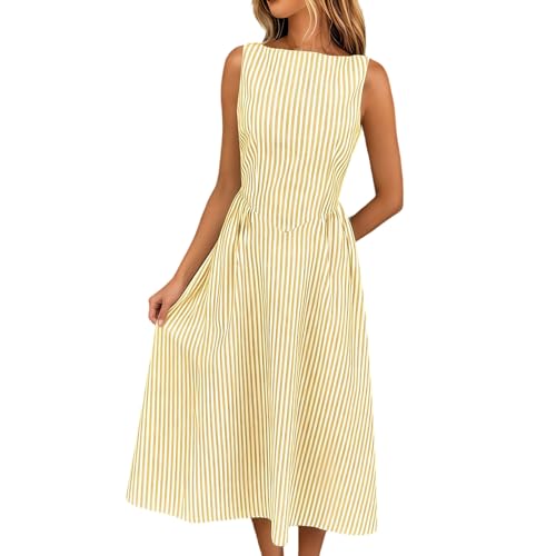 Image of Summer Dresses for Women UK Sleeveless Striped Midi Dress Boat Neck A-line Dress Pocket Sundress Cotton Breathable Beach Holiday Daily Wear Yellow M