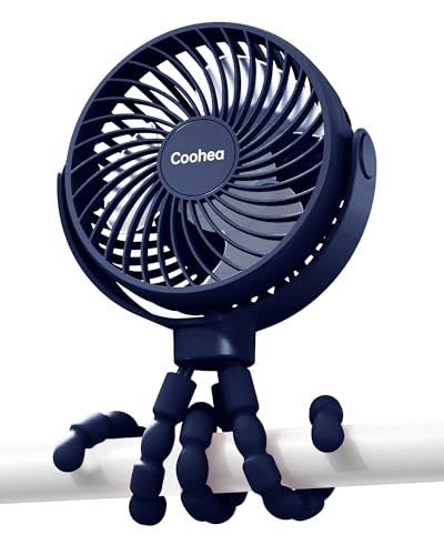 Coohea Ventilador de cochecito con clip para bebé, batería recargable de 4000 mAh, trípode flexible, 3 velocidades de viento, giratorio de 360°, pequeño ventilador portátil de refrigeración para
