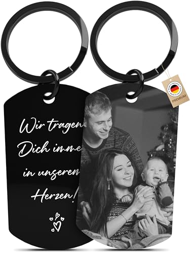 Meinearmbänder® Personalisierter Schlüsselanhänger mit Foto & Gravur – Für Männer, Frauen & Väter – Edelstahl Anhänger, Auto Glücksbringer, Individuelles Erinnerungsstück, ideal zu Weihnachten