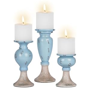 Sziqiqi Farmhouse Coastal Candle Holder: Pillar Candle Holders for Living Room Bathroom – Beach Candle Stand for Table Centerpieces Rustic Candleholder Set of 3 Ocean Decor for Fireplace