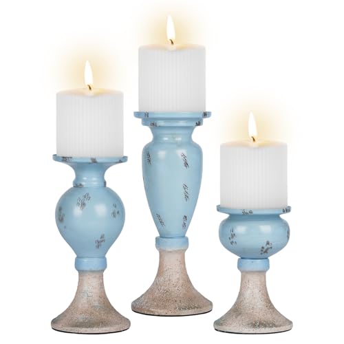 Sziqiqi Farmhouse Coastal Candle Holder: Pillar Candle Holders for Living Room Bathroom – Beach Candle Stand for Table Centerpieces Rustic Candleholder Set of 3 Ocean Decor for Fireplace
