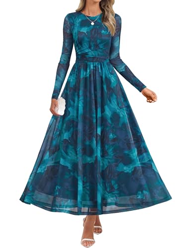 ZESICA Women's Maxi Dress 2025 Fall Long Sleeve Crewneck Floral Print Mesh Ruched Party Wedding Guest Dresses