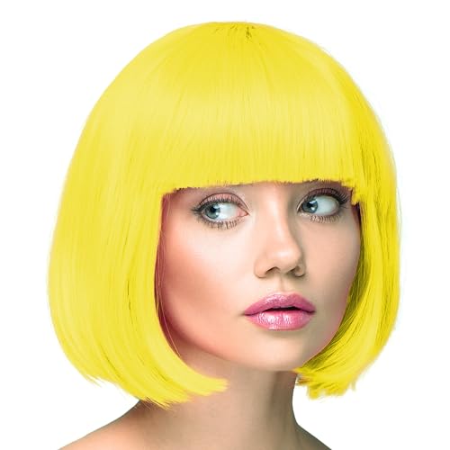 TrendandStylez Bob Perücke unisex, gelb, Pagenkopf mit Pony, Damen und Herren Kunsthaar, Wig für Karneval, Fasching, Cosplay