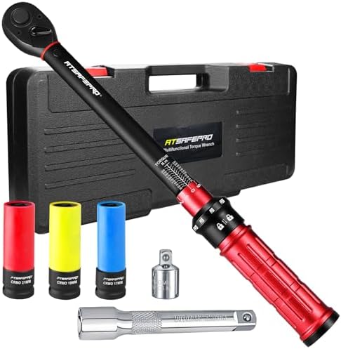 ATsafepro Llave Dinamométrica 1/2'', 20-230 Nm Llave Dinamométrica Kit de 7 Piezas con 3 Tuercas (17mm, 19mm, 21mm), Adaptador 1/2"-3/8", Barra de Extensión de 125 mm, Precisión ±3%