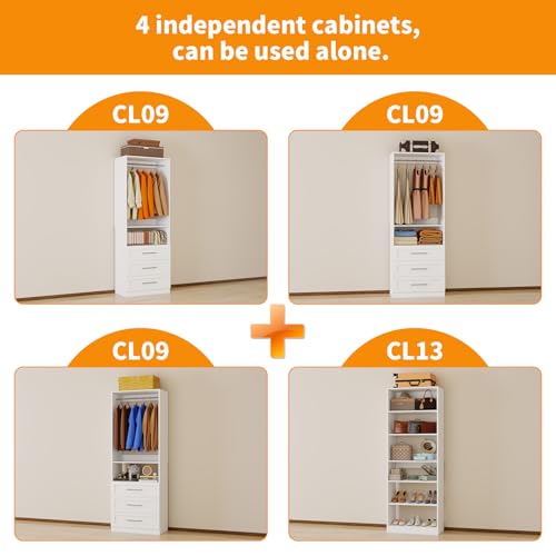Closet System with 4 Sets, 8FT-21FT Closet Organizer Systems with 9 Drawers 9 Shelves & 5 Hanging Expandable Rods, Walk in Closet Standalone Small Corner Modular Closet Storage System White (8FT) - Image 6