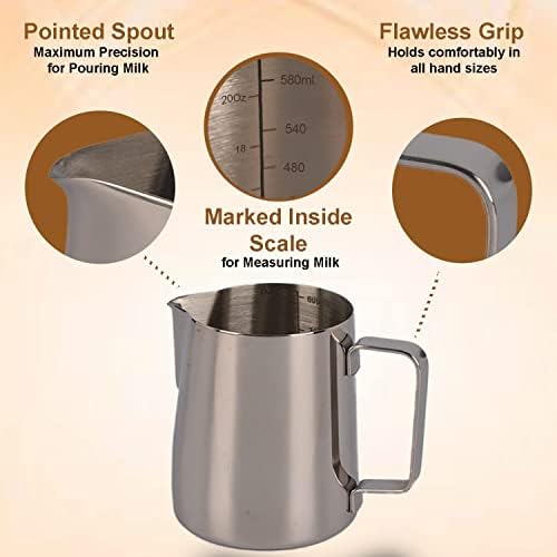 ABIAS Stainless Steel Milk Jug for Coffee Machine - 600ml / 20oz, Dishwasher Safe, Stainless Steel Milk Frothing Jug with Art Pen for Cappuccino Latte and Espresso