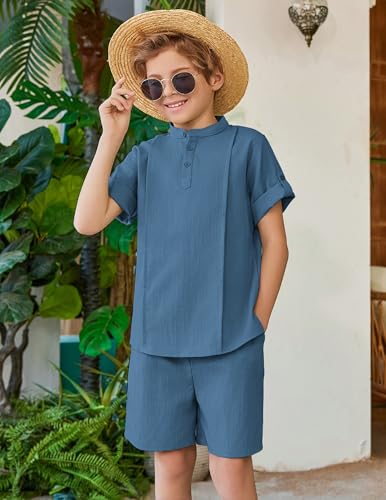 Image of Arshiner Boy's 2 Pieces Linen Sets Short Sleeve Henley Shirt and Shorts Summer Beach Matching Outfits 4-12 Years