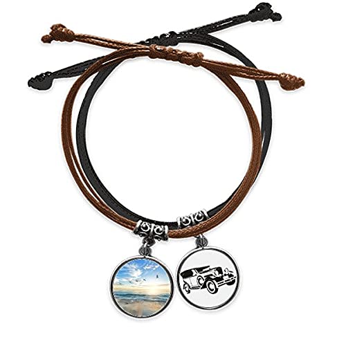 Bracelet minibus plage oiseau mer en corde et cuir - Cadeau d'anniversaire idéal pour voyageur
