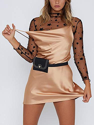 Eliacher Women Sexy Clubwear Mesh Sheer See Through Long Sleeve Crop Tops (L, Black StarL)