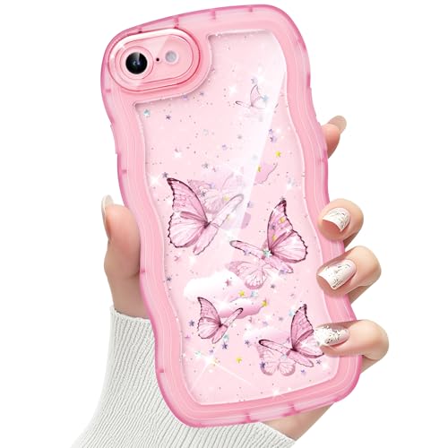 Image of CASBST Compatible with iPhone SE/8/7 Case for Women Girls, Curly Wave Frame with Bling Glitter Butterfly Pattern, Full Camera Protection, Slim TPU Aesthetic Clear Phone Case for iPhone SE/8/7, Pink