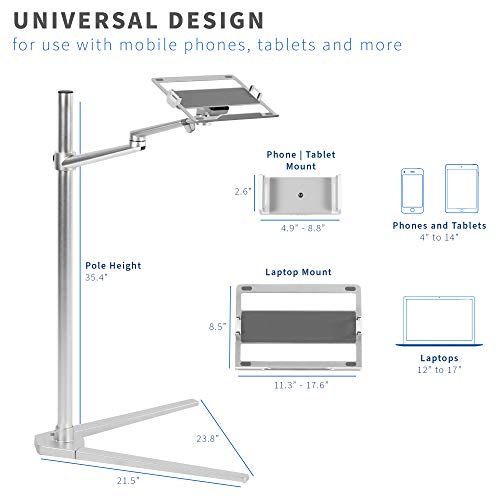 Vivo Aluminum Laptop Floor Stand For 4 To 14 Inch Mobile Phones & Tablets, 12 To 17 Inch Laptops, Height Adjustable 360 Degree Rotating Arm With Ventilated Tray, Silver Stand-Lap1F #TOP2