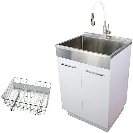30 Inch Stainless Steel Laundry Sink With Cabinet & Pull-Out Sprayer Faucet - Double Basin Utility Sink