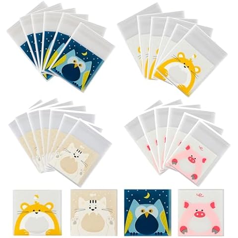 ICYANG 400 Pieces Cookie Bags, Cartoon Animals Individual Cookie Packing Bags with Seal Self-Adhesive Cellophane Treat Bags for Cookies Biscuits Snack Cover