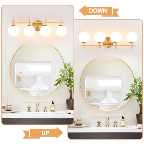 Image of MOKATNG 4-Light Bathroom Light Fixtures, Brushed Gold Vanity Lights for Bathroom with Milky White Glass Shade, Bathroom Lighting Fixtures Over Mirror, Wall Sconce for Bedroom (Bulb Not Included)