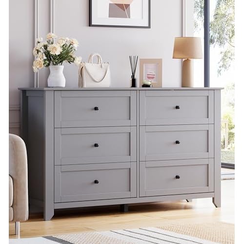 GarveeHome Grey 6 Drawer Dresser for Bedroom, Simply Modern Chest of Drawers, Wood Storage Double Dresser with Deep Drawers for Living Room, Hallway Entryway Grey 15.8"D x 54"W x 31.5"H (6 D