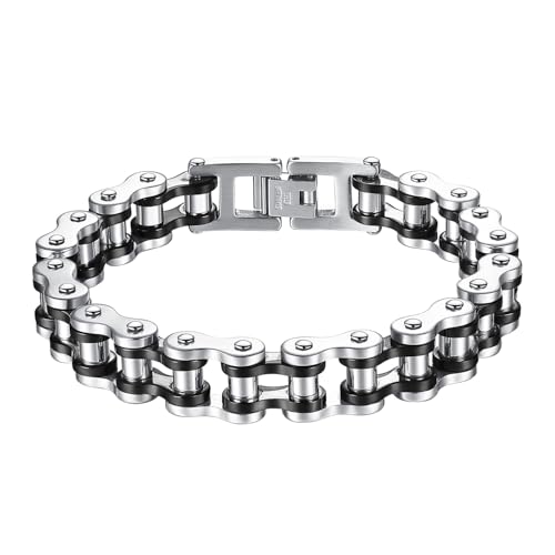 OSTAN Bracelet pour homme en acier inoxydable - Chaîne de vélo - Chaîne à maillons (noir + argent, 21.5)