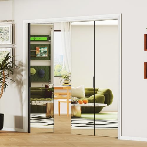 Image of Bifold Door for 72 inchx80 inch Opening, Preassembled Aluminum Alloy Mirrored Folding Door with Hardware Kit Included, Interior Bi fold Barn Door for Bedroom & Closet, Black