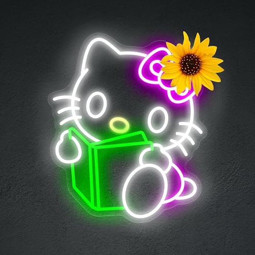 Image of Reading Hello Kit Neon Sign Kitty Kawaii Cat Anime Neon Sign Kitty Room Decor Lights for Girl's Room Child Bedroom Birthday Halloween Christmas Gift 10.87''x12.99''