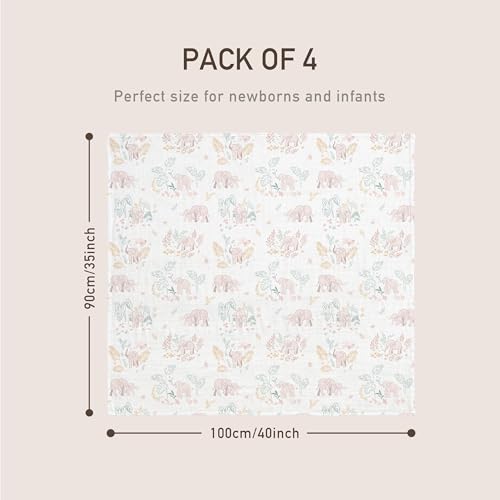 Image of GLLQUEN BABY Muslin Swaddle Blankets 4Pk Receiving Blanket Large 35 inch x 40 inch | Soft Cotton Baby Blankets for Girls Boys Breathable Nursery Swaddles for Newborns, Baby Essentials Shower Gift, Pink Elephant