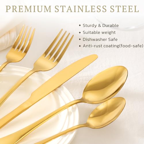 Image of Astercook Silverware Set 48-Piece Gold Flatware Set with Steak Knives Food-Grade Stainless Steel Cutlery Set for 8 Mirror Polished Utensils Set Include Spoons and Forks for Home Kitchen Restaurant
