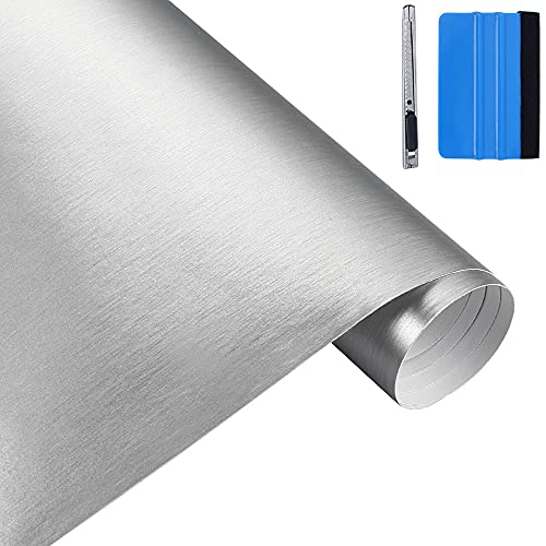 NewL 30 cm x 150 cm de Plata Cepillado de Acero Inoxidable metálico película de Envoltura de Vinilo Mate Cepillado Cromo Coche Hoja de la Etiqueta engomada para Muebles