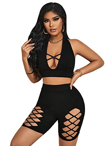 Oyoangle Women's 2 Piece Tracksuit Crisscross Backless Halter Top And Cut Out Biker Shorts Set Black M #TOP27