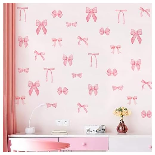 Adesivos de parede com laço rosa 56 peças de decalques de parede rosa claro com nó de laço aquarela para quarto de meninas, festa, quarto, berçário, dia dos namorados, decoração de aniversário