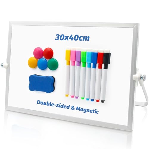 Magnetic Whiteboard, Desktop Whiteboard with Stand 30 x 40cm, A4 Mini Double Sided Whiteboards with 8 Pens, 1 Eraser, 5 Magnet, for Schools, Home and Offices