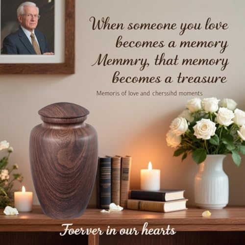 Image of Large Handcrafted Cremation Urn for Ashes Adult Male Female | Large Aluminum Wood Grain Urn for Ashes for Men Women,Memorial Decorative Urns for Man /Dad /Father /Brother /Grandpa