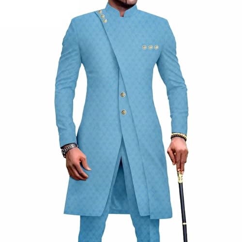 Mens African Traditional Clothes 2 Piece Set Dashiki Jacket Blazer and Pants Formal Wedding Business Prom Outfit Sky Blue